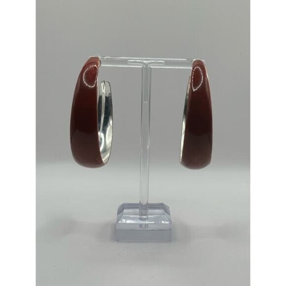 Maroon Silver Open C Hoop Earrings Pierced Post Back Modern Lightweight - Picture 1 of 5